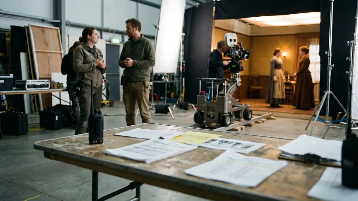 Production planning table on a film set with crew and cameras in the background